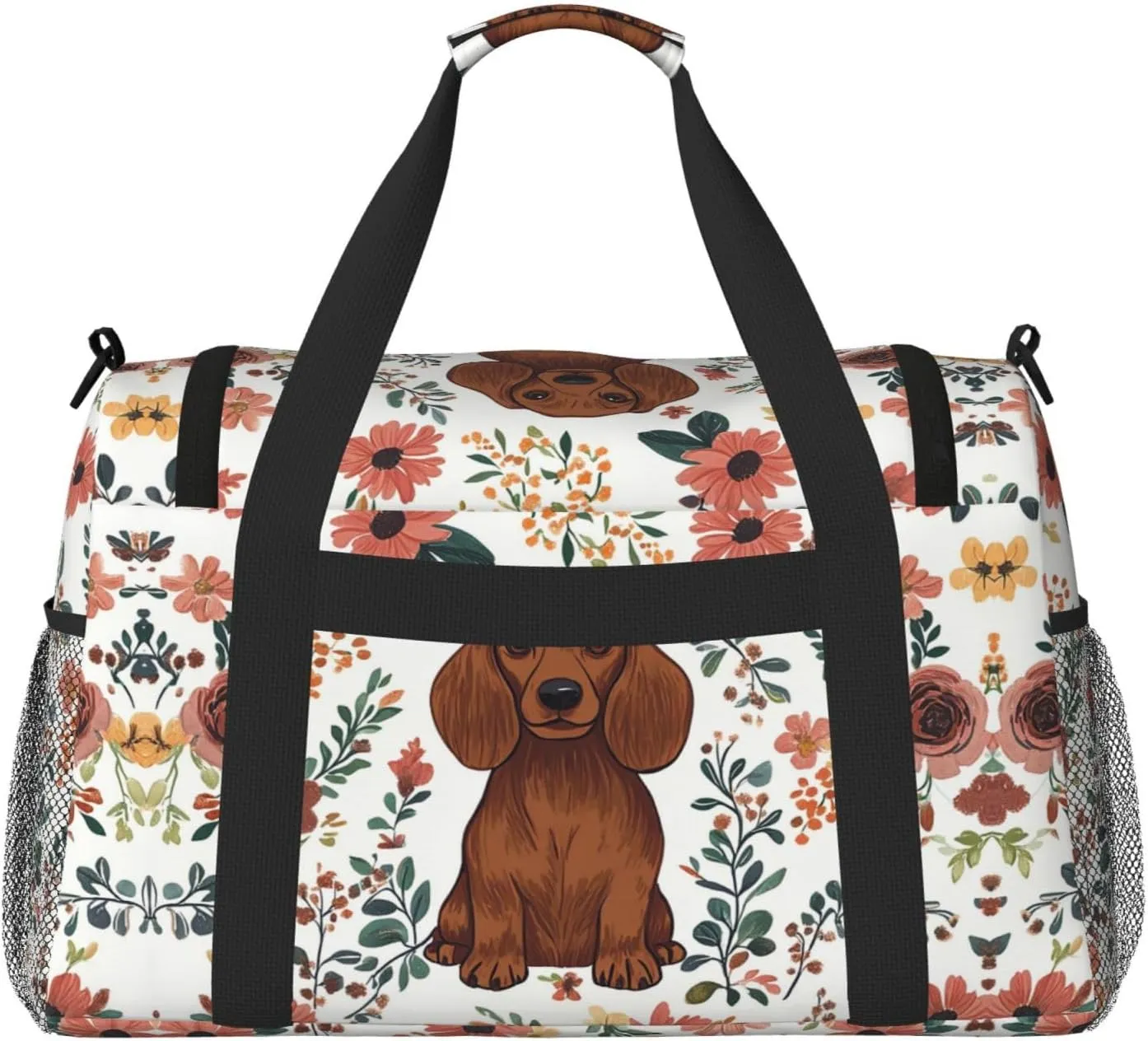 Brown Dog Floral Duffle Bag Foldable Travel Tote Bag Carry On Large Weekender Overnight Bags Waterproof Gym Bag For Women Men