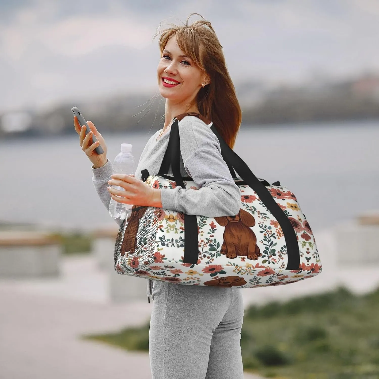 Brown Dog Floral Duffle Bag Foldable Travel Tote Bag Carry On Large Weekender Overnight Bags Waterproof Gym Bag For Women Men