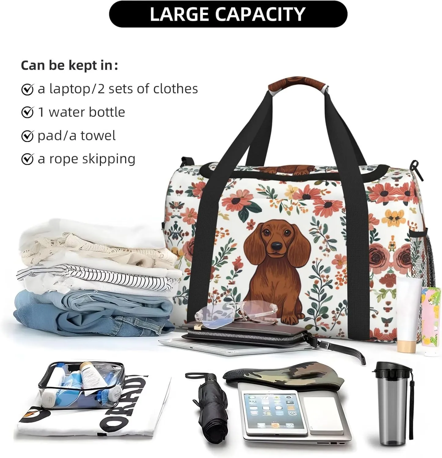 Brown Dog Floral Duffle Bag Foldable Travel Tote Bag Carry On Large Weekender Overnight Bags Waterproof Gym Bag For Women Men