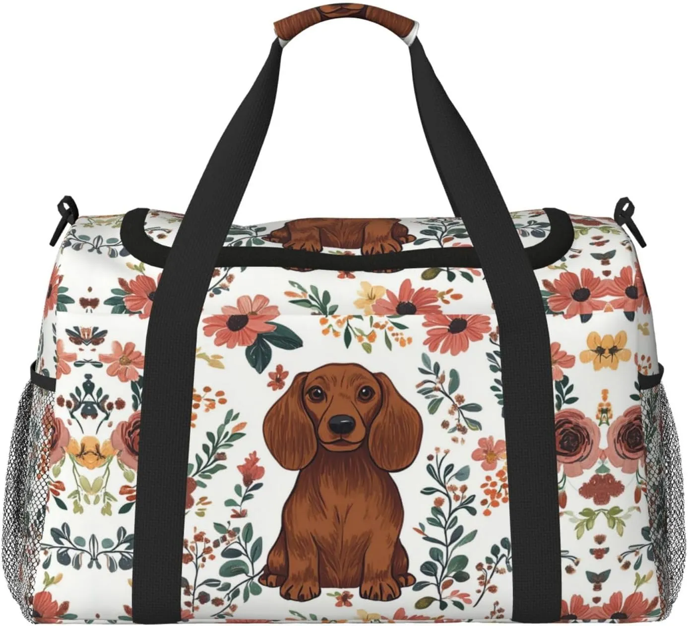 Brown Dog Floral Duffle Bag Foldable Travel Tote Bag Carry On Large Weekender Overnight Bags Waterproof Gym Bag For Women Men