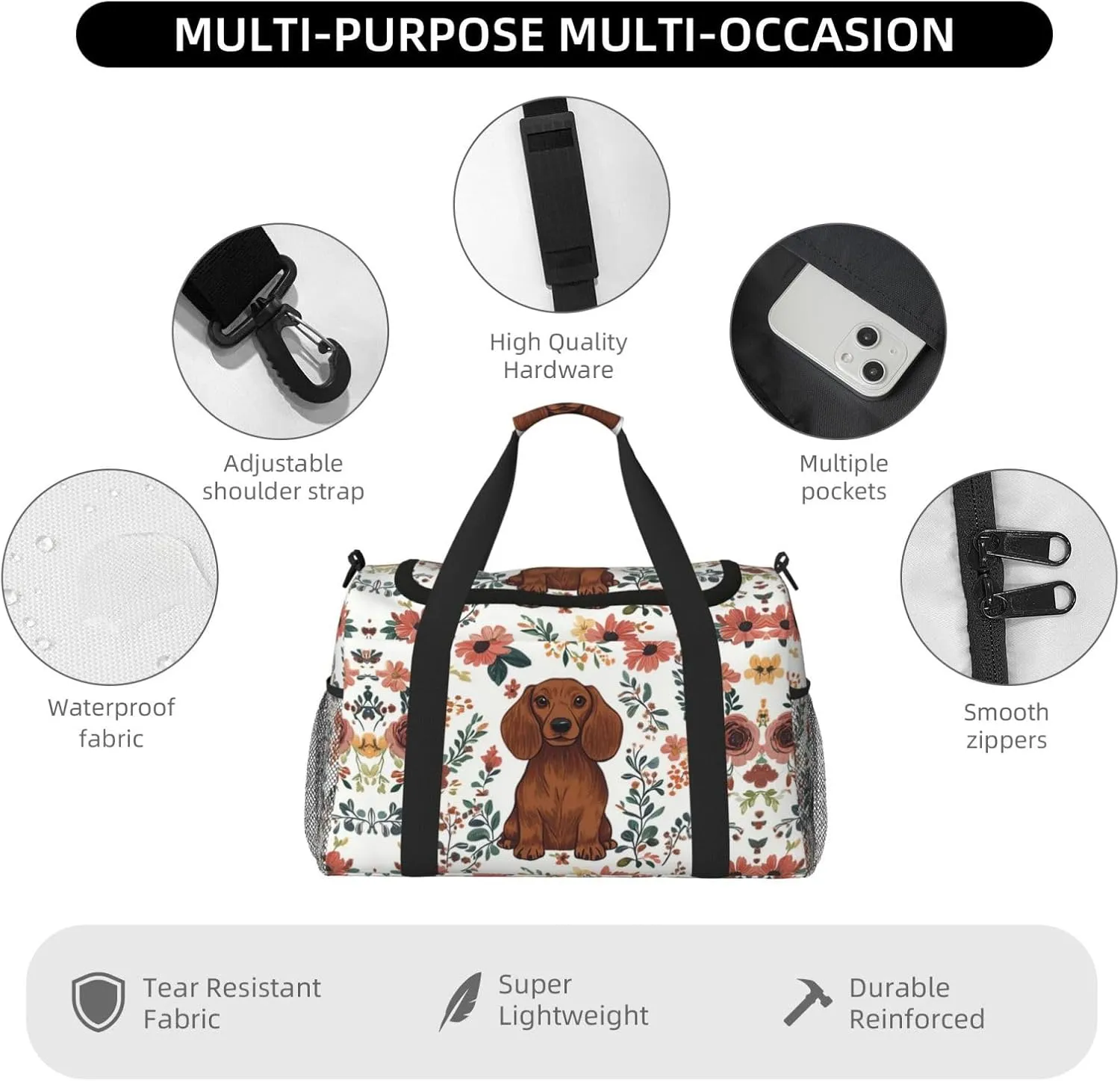 Brown Dog Floral Duffle Bag Foldable Travel Tote Bag Carry On Large Weekender Overnight Bags Waterproof Gym Bag For Women Men