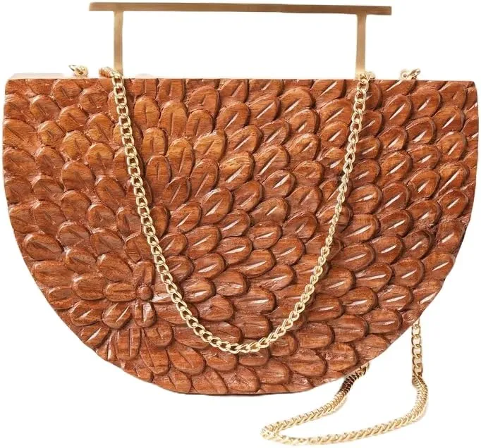 Brown Handcrafted Wooden Clutch - Embellished Semi Circular Handbag - Evening Clutch Purse