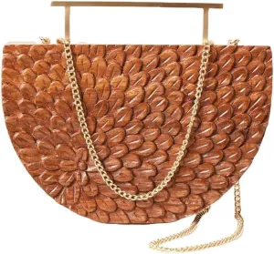 Brown Handcrafted Wooden Clutch - Embellished Semi Circular Handbag - Evening Clutch Purse
