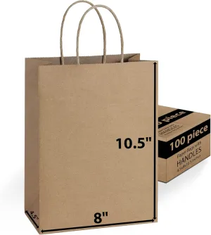 Brown Paper Bags Bulk with Handles 8 X 4.5 X 10.5 [100 Bags]. Ideal for Shopping, Packaging, Retail, Party, Craft, Gifts, Wedding, Recycled, Business, Goody and Merchandise Kraft bags