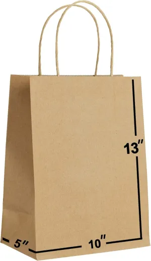 Brown Paper Bags with Handles Bulk-10x5x13 [100 Bags]. For Gift Bags, Wedding Bags, Party Bags, Shopping Bags, Kraft Bags, Brown Retail Bags