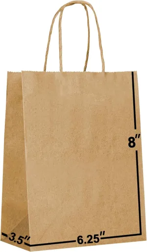 Brown Paper Bags with Handles Bulk 6.25x3.5x8 [100 Bags] Ideal for Shopping, Packaging, Retail, Party, Craft, Gifts, Wedding, Recycled, Business, Goody and Merchandise Bag