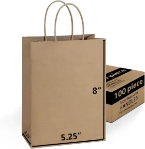 Brown Paper Gift Bags Bulk with Handles 5.25 X 3.25 X 8 [100 Bags] Ideal for Shopping, Packaging, Retail, Party, Craft, Gifts, Wedding, Recycled, Business, Goody and Merchandise Kraft Bag