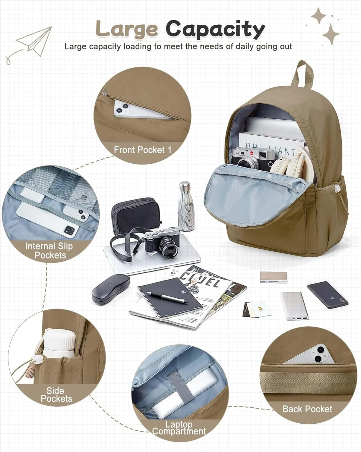 Brown School Backpack for Girls Boys, Waterproof Bookbag for Women Men, College Student School Bag, Lightweight Travel Rucksack Casual Daypack Laptop Backpacks