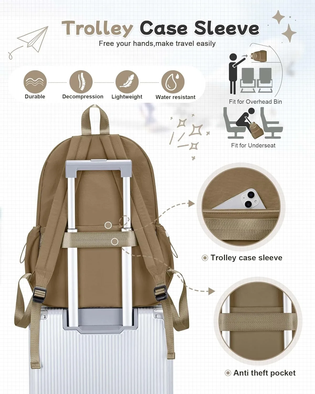 Brown School Backpack for Girls Boys, Waterproof Bookbag for Women Men, College Student School Bag, Lightweight Travel Rucksack Casual Daypack Laptop Backpacks