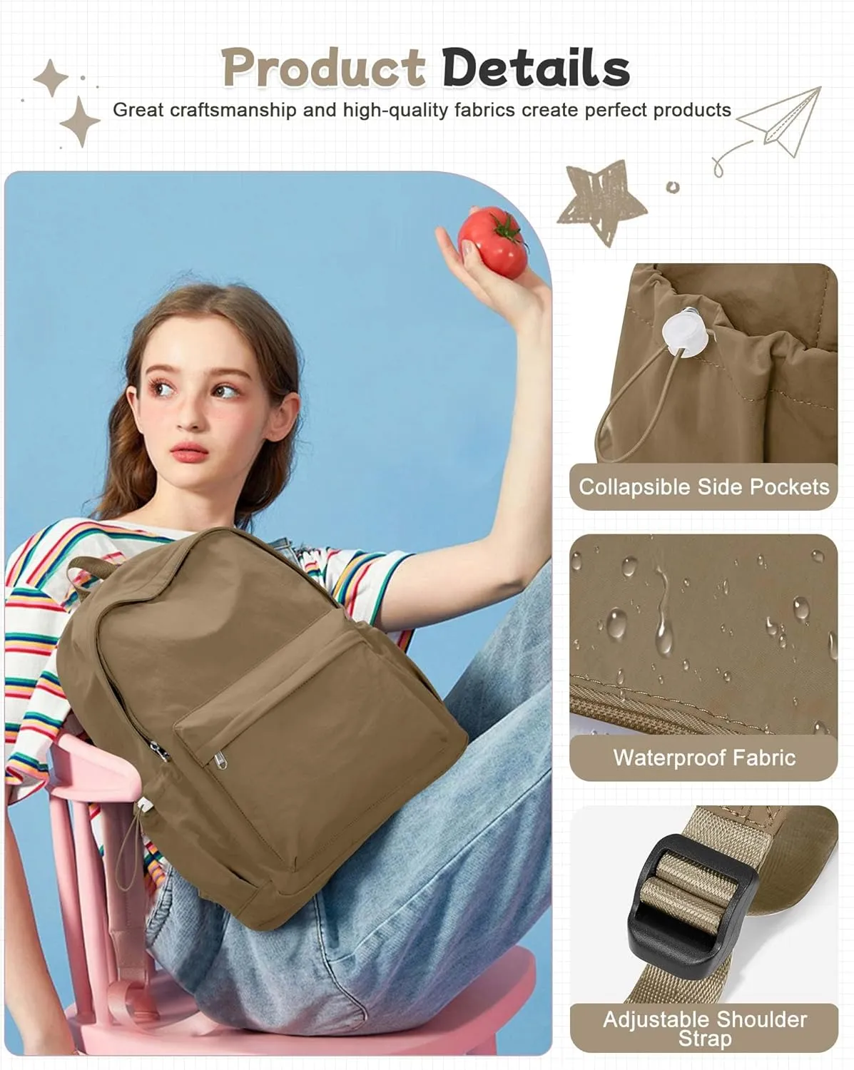 Brown School Backpack for Girls Boys, Waterproof Bookbag for Women Men, College Student School Bag, Lightweight Travel Rucksack Casual Daypack Laptop Backpacks