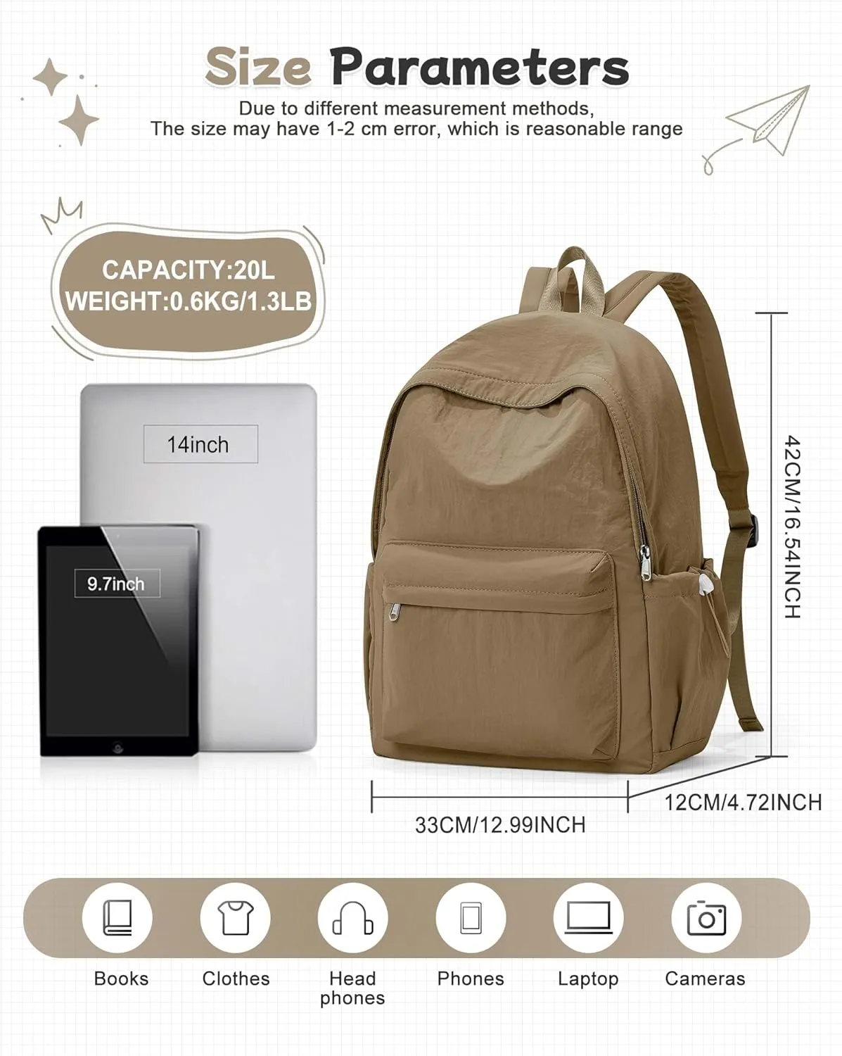 Brown School Backpack for Girls Boys, Waterproof Bookbag for Women Men, College Student School Bag, Lightweight Travel Rucksack Casual Daypack Laptop Backpacks