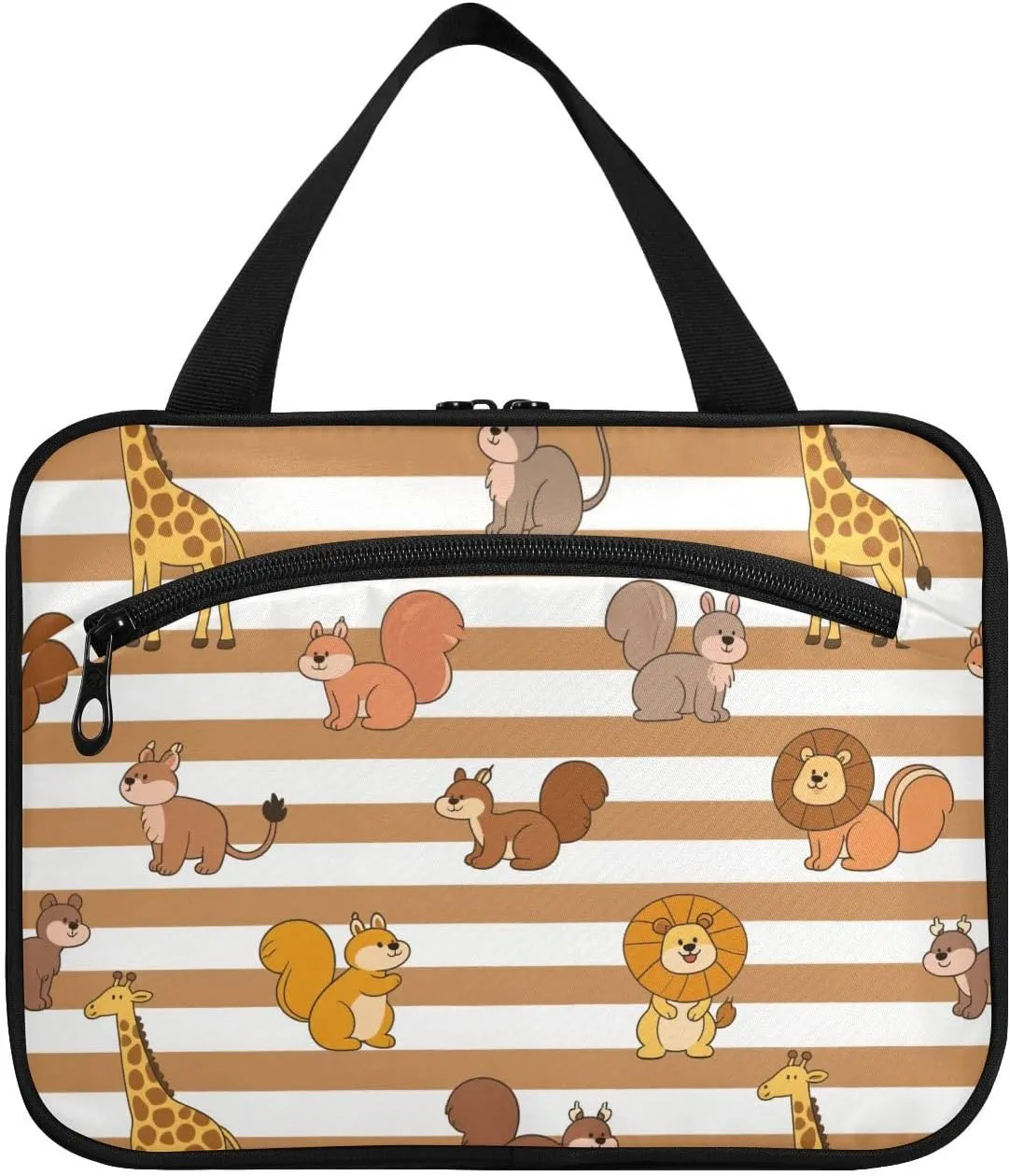 Brown White Striped Animal Lion hanging travel cosmetic bag with hook, designer accessories hanging toiletry bags for travel accessories for women traveling bolsas para maquillaje de mujer L