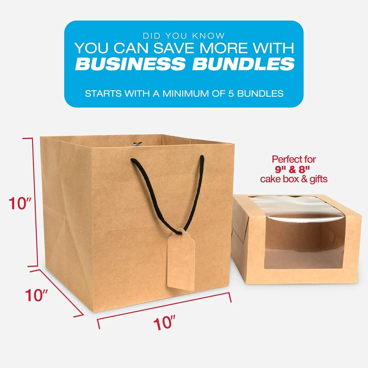 Brown Wide Bottom Paper Bags with Handles Bulk, 30PCS 10"x10"x10" Square Gift Bag Perfect for 9" & 8" Cake Box, Square Gift Bags for 8" Gift Box