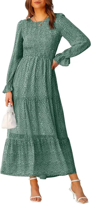BTFBM Women Casual Long Sleeve Crew Neck Fall Dress Bohemian Relaxed Fit Floral Flowy Maxi Dresses Tiered Cocktail Dress