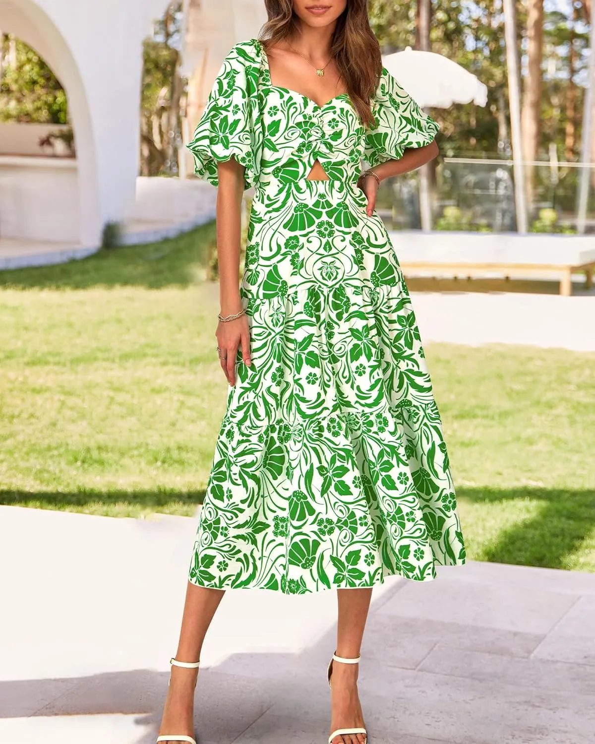 BTFBM Women Summer Dresses 2025 Casual Flowy Beach Square Neck Puff Short Sleeve Smocked Back Boho Floral Long Maxi Dress