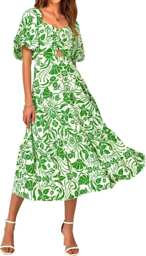 BTFBM Women Summer Dresses 2025 Casual Flowy Beach Square Neck Puff Short Sleeve Smocked Back Boho Floral Long Maxi Dress