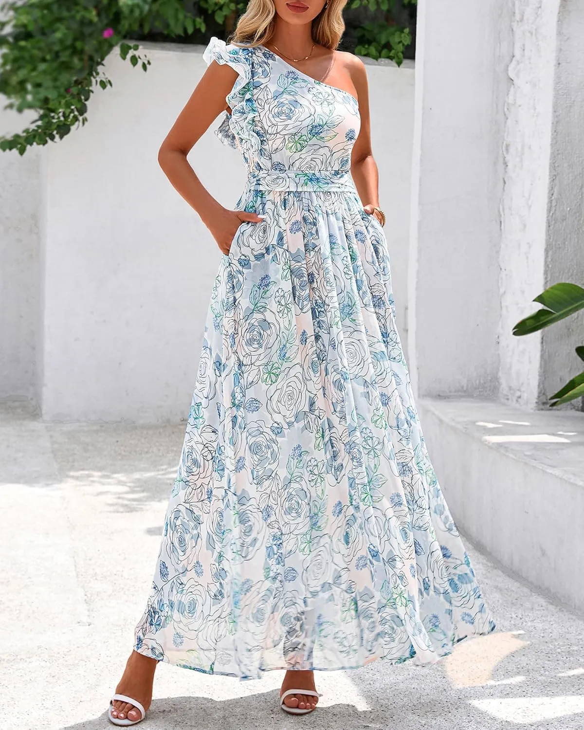BTFBM Women Summer One Shoulder Floral Wedding Guest Dresses Sleeveless Smocked Ruffle Flowy Beach Vacation Maxi Dress