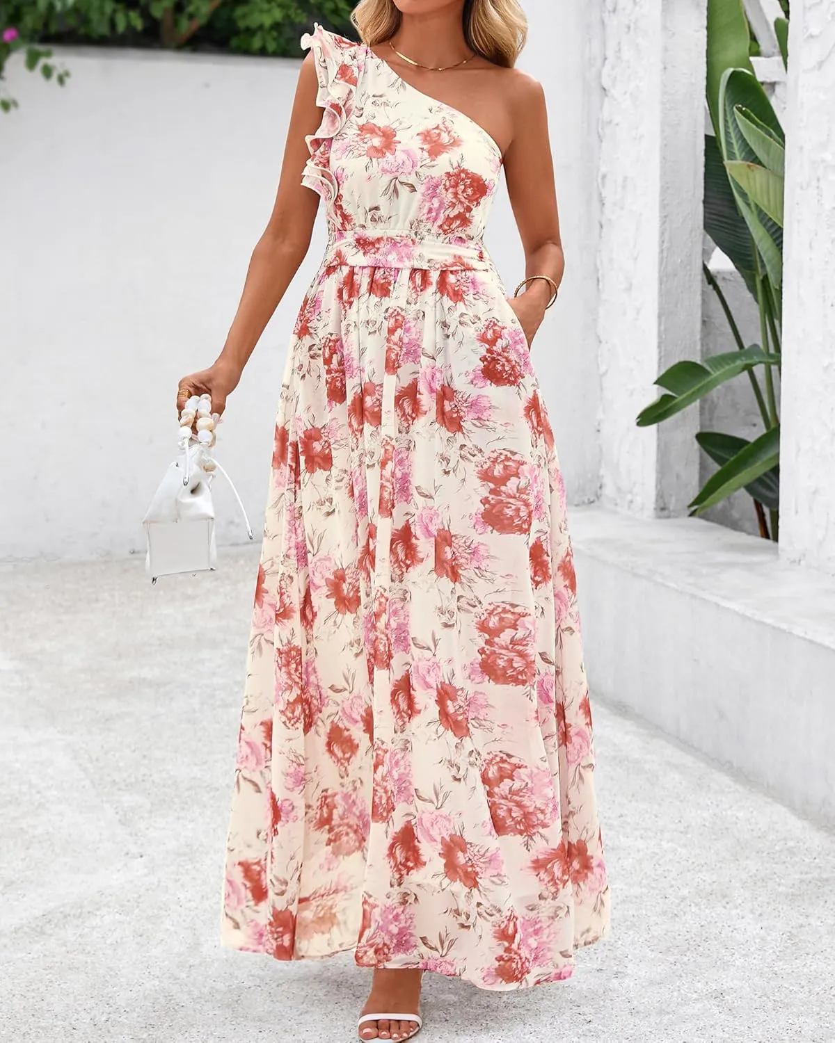 BTFBM Women Summer One Shoulder Floral Wedding Guest Dresses Sleeveless Smocked Ruffle Flowy Beach Vacation Maxi Dress