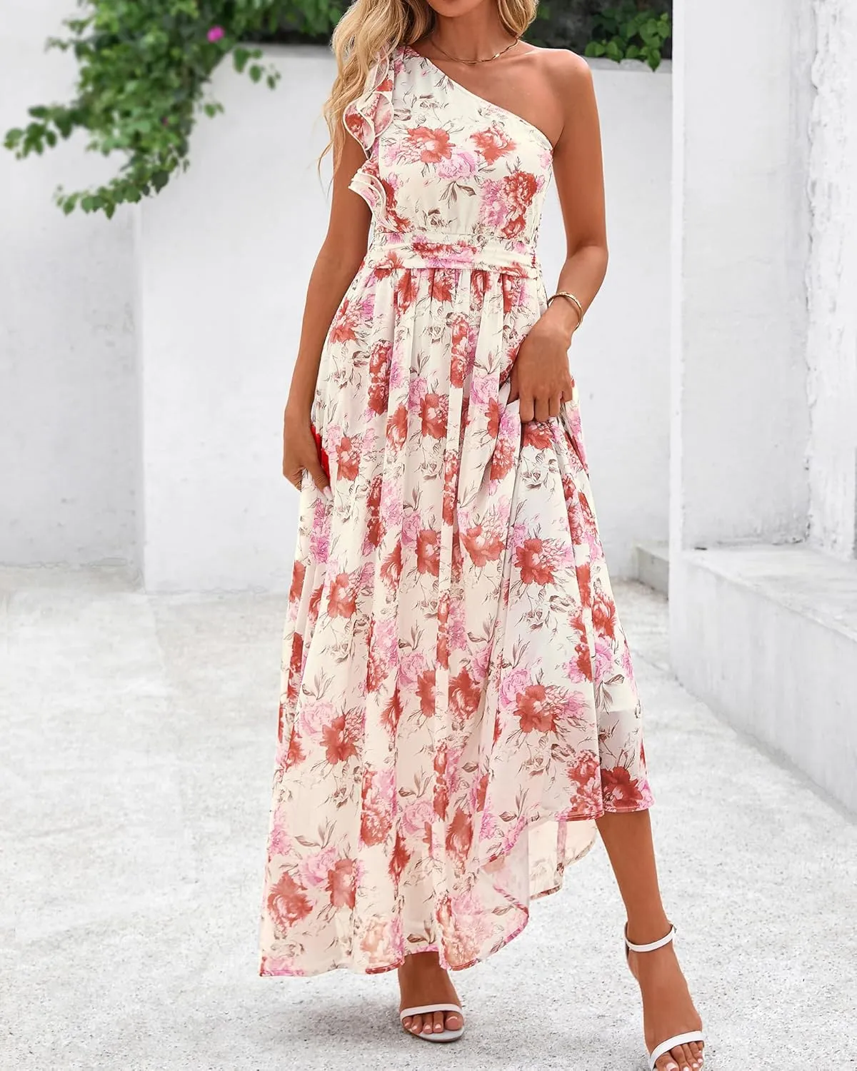 BTFBM Women Summer One Shoulder Floral Wedding Guest Dresses Sleeveless Smocked Ruffle Flowy Beach Vacation Maxi Dress