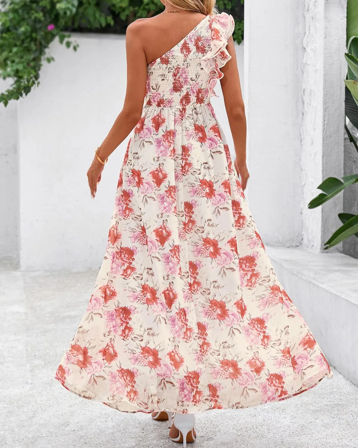 BTFBM Women Summer One Shoulder Floral Wedding Guest Dresses Sleeveless Smocked Ruffle Flowy Beach Vacation Maxi Dress