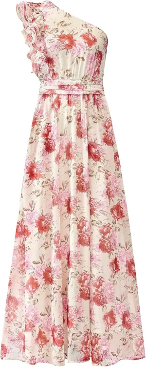 BTFBM Women Summer One Shoulder Floral Wedding Guest Dresses Sleeveless Smocked Ruffle Flowy Beach Vacation Maxi Dress