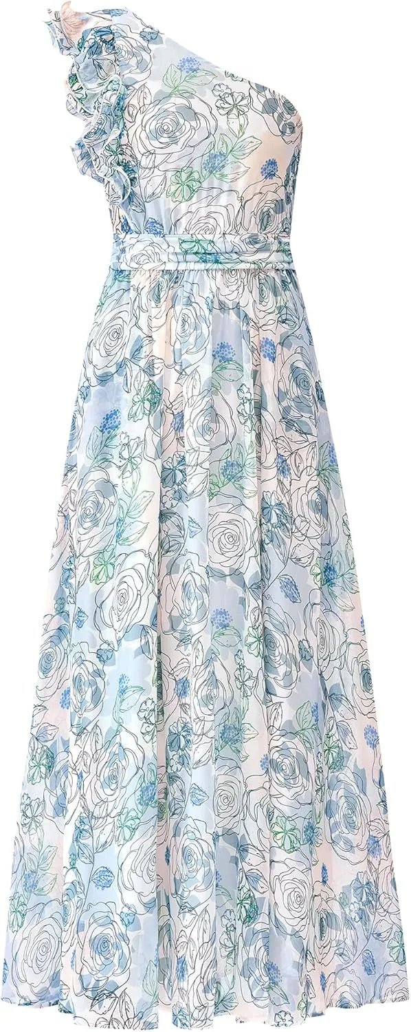 BTFBM Women Summer One Shoulder Floral Wedding Guest Dresses Sleeveless Smocked Ruffle Flowy Beach Vacation Maxi Dress