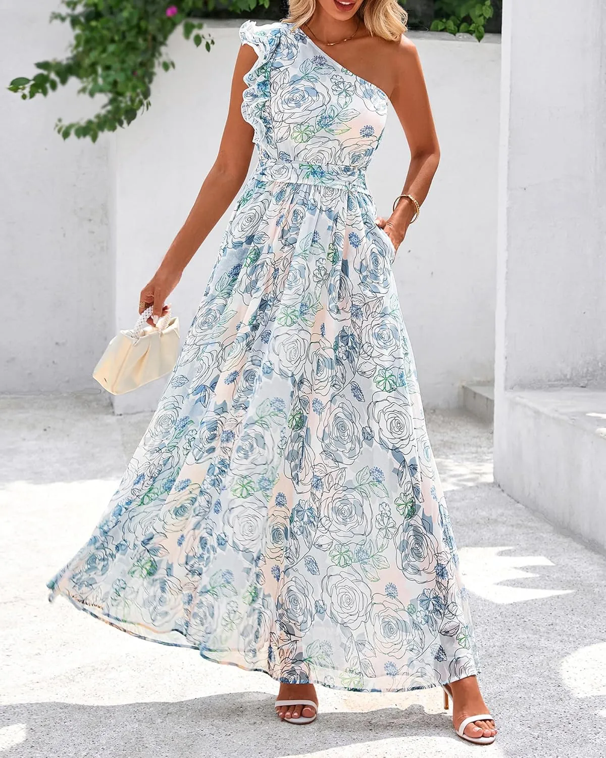 BTFBM Women Summer One Shoulder Floral Wedding Guest Dresses Sleeveless Smocked Ruffle Flowy Beach Vacation Maxi Dress