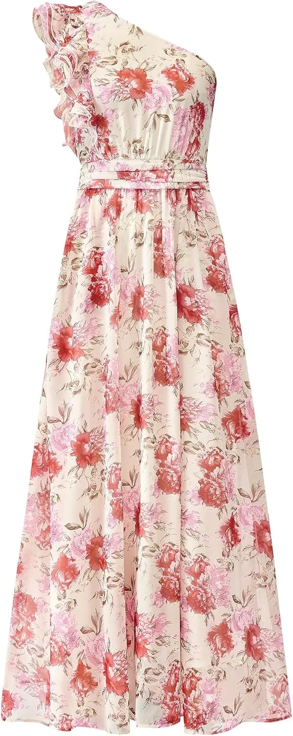 BTFBM Women Summer One Shoulder Floral Wedding Guest Dresses Sleeveless Smocked Ruffle Flowy Beach Vacation Maxi Dress