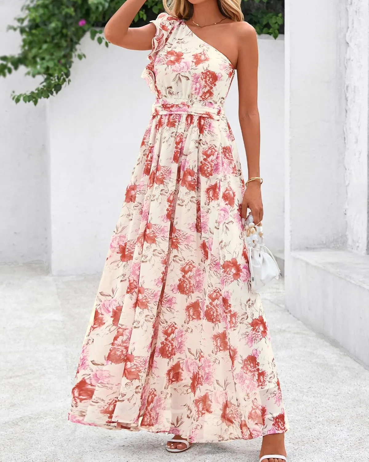 BTFBM Women Summer One Shoulder Floral Wedding Guest Dresses Sleeveless Smocked Ruffle Flowy Beach Vacation Maxi Dress