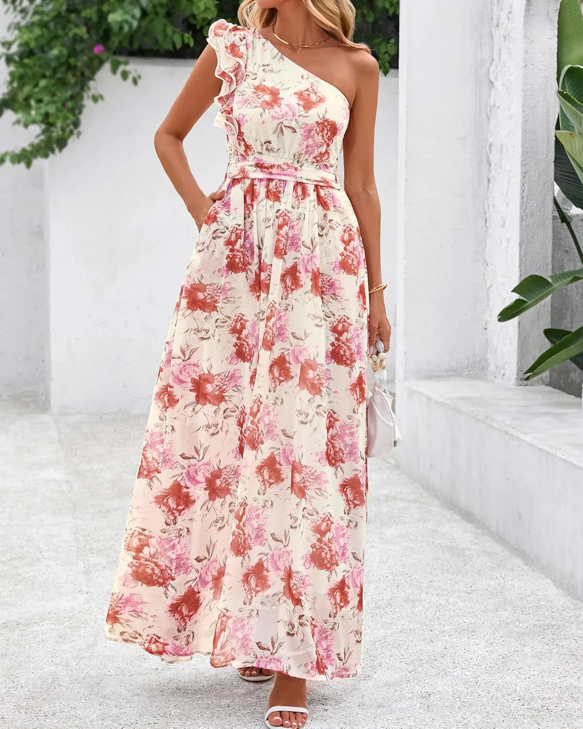 BTFBM Women Summer One Shoulder Floral Wedding Guest Dresses Sleeveless Smocked Ruffle Flowy Beach Vacation Maxi Dress