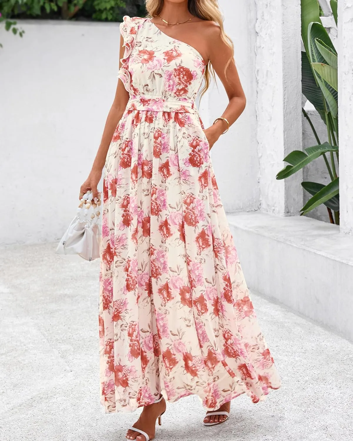 BTFBM Women Summer One Shoulder Floral Wedding Guest Dresses Sleeveless Smocked Ruffle Flowy Beach Vacation Maxi Dress
