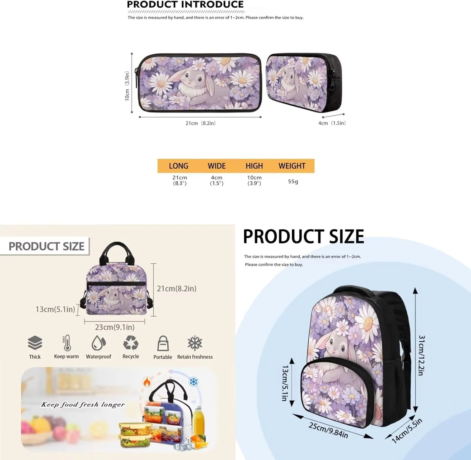 Bunny Backpack Set with Reusable Lunch Box Cooler Pencil Case Organizer for Girls Boys, Daisy12 Inch Small Travel Bag School Bag for Preschool Kindergarten Children Casual Daypack