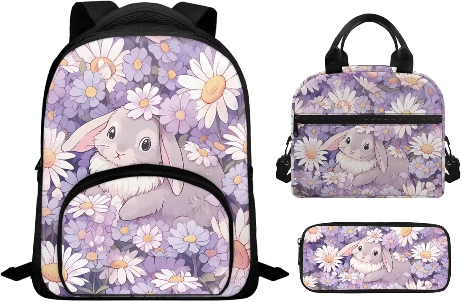 Bunny Backpack Set with Reusable Lunch Box Cooler Pencil Case Organizer for Girls Boys, Daisy12 Inch Small Travel Bag School Bag for Preschool Kindergarten Children Casual Daypack