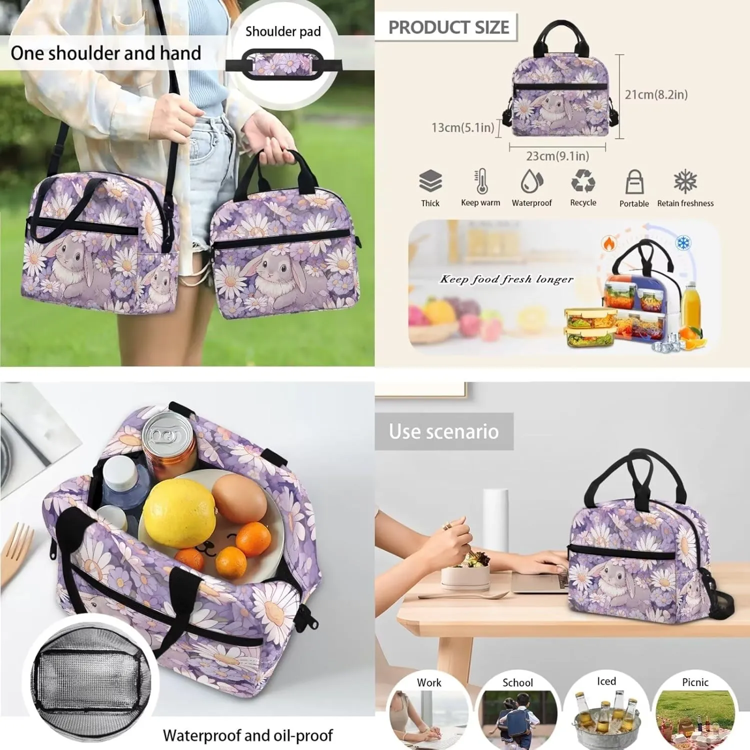 Bunny Backpack Set with Reusable Lunch Box Cooler Pencil Case Organizer for Girls Boys, Daisy12 Inch Small Travel Bag School Bag for Preschool Kindergarten Children Casual Daypack