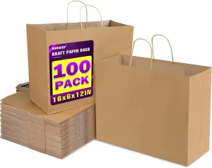 BURVAGY 16x6x12 Inch 100 Pcs Kraft Paper Bags with Handles Bulk, Kraft Shopping Brown Large Recycled Gift Paper Bags with Handles for Small Business, Retail,Boutique,Grocery