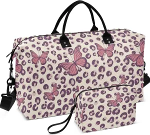 Butterflies Leopard Duffle Travel Bag Toiletry Pouches Set, Flower Luggage Bags Weekender Bag