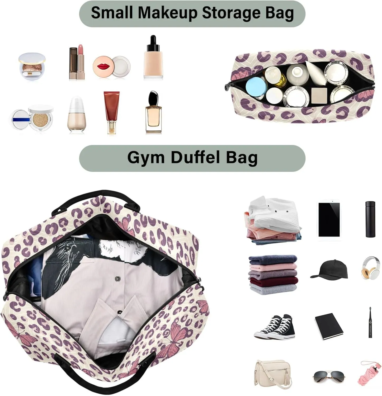 Butterflies Leopard Duffle Travel Bag Toiletry Pouches Set, Flower Luggage Bags Weekender Bag