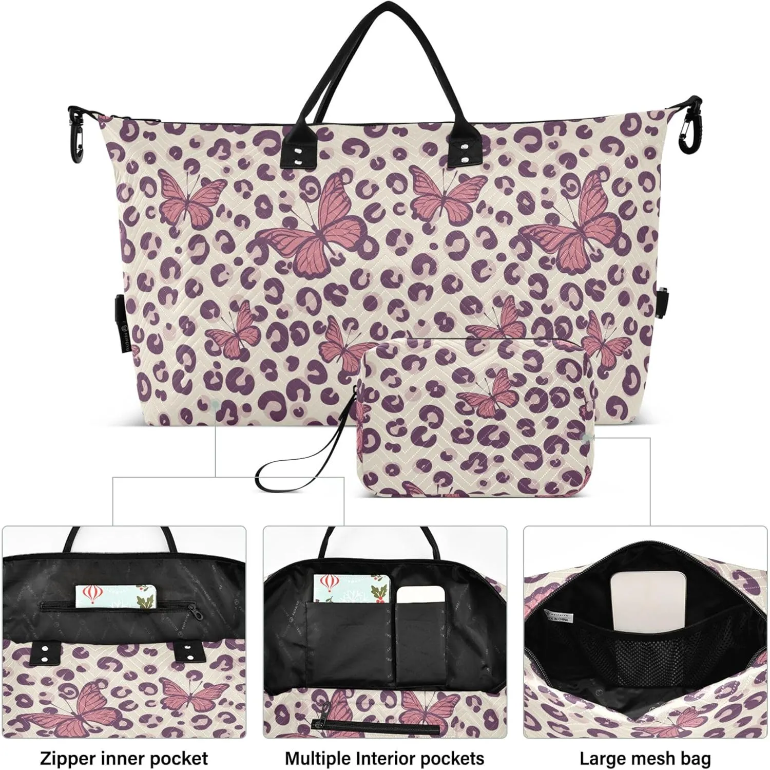 Butterflies Leopard Duffle Travel Bag Toiletry Pouches Set, Flower Luggage Bags Weekender Bag