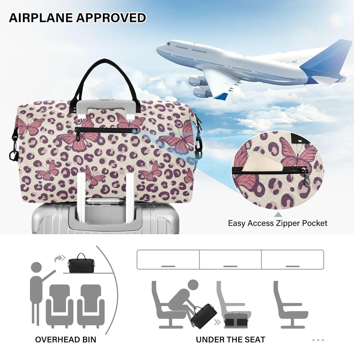 Butterflies Leopard Duffle Travel Bag Toiletry Pouches Set, Flower Luggage Bags Weekender Bag