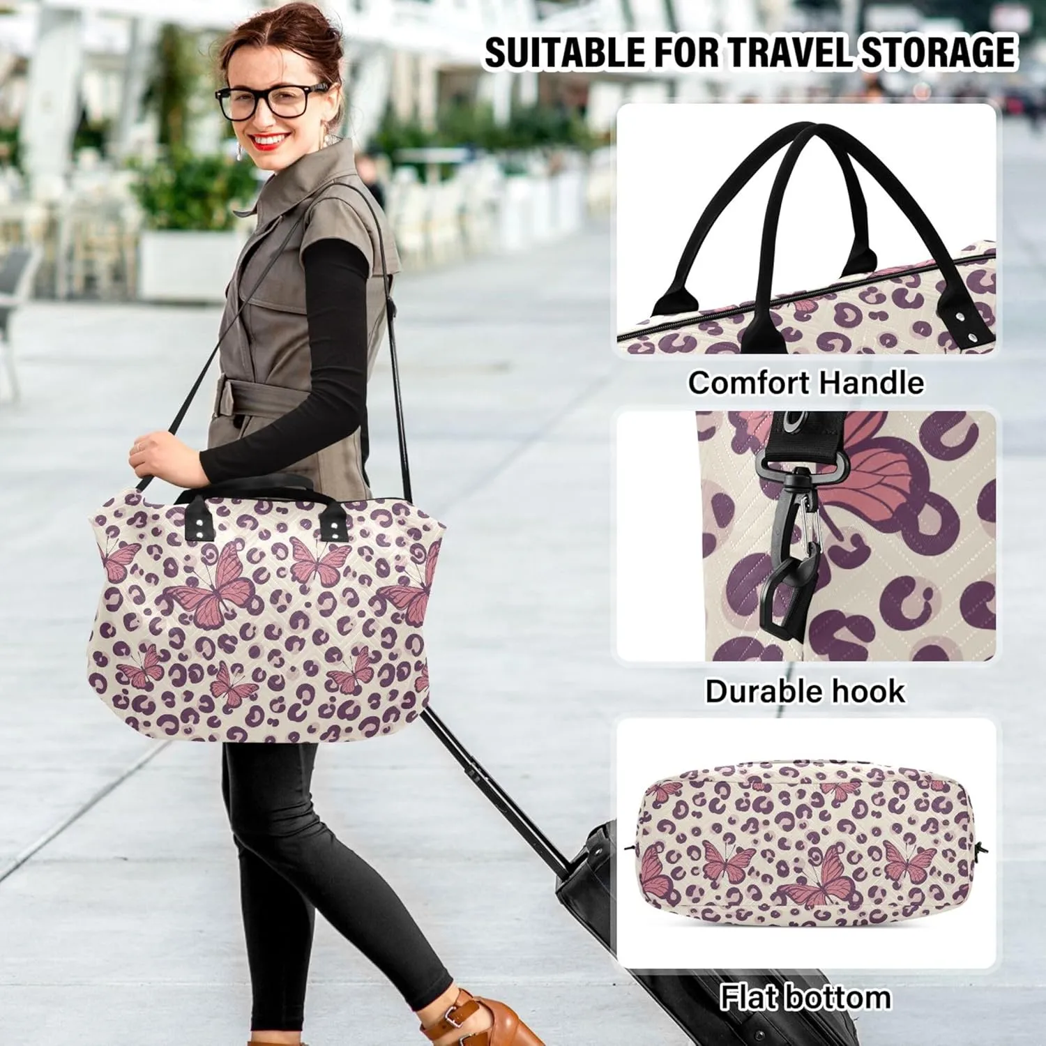 Butterflies Leopard Duffle Travel Bag Toiletry Pouches Set, Flower Luggage Bags Weekender Bag