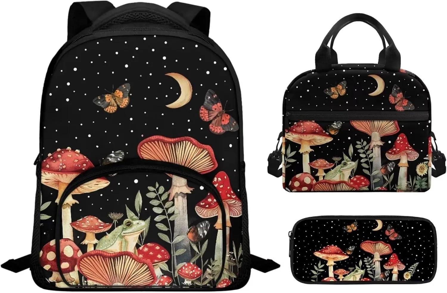 Butterfly Book Bag Set Mushroom Kids' Backpacks & Lunch Boxes Moon Book Bag for Girls Frog Kids Small Backpack for 7-12 Year Old Girls with Lunch Bag Pencil Bag
