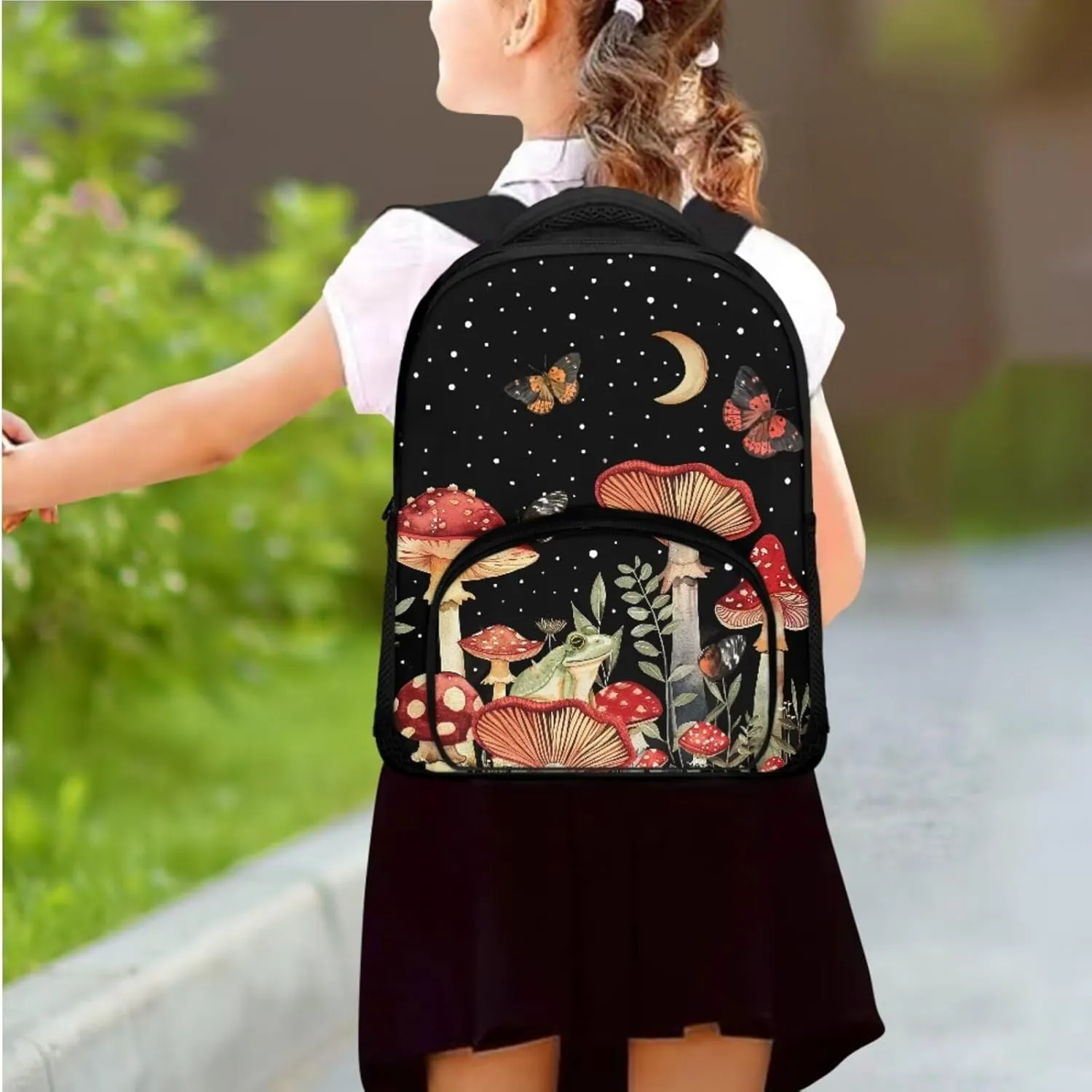 Butterfly Book Bag Set Mushroom Kids' Backpacks & Lunch Boxes Moon Book Bag for Girls Frog Kids Small Backpack for 7-12 Year Old Girls with Lunch Bag Pencil Bag