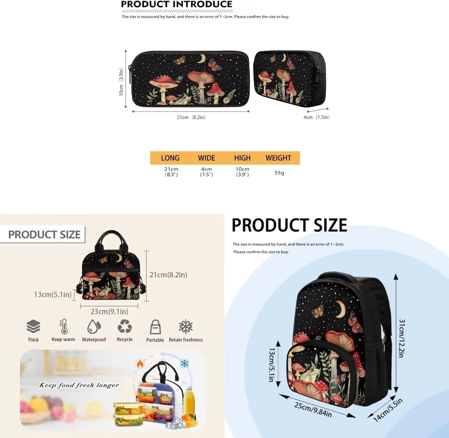 Butterfly Book Bag Set Mushroom Kids' Backpacks & Lunch Boxes Moon Book Bag for Girls Frog Kids Small Backpack for 7-12 Year Old Girls with Lunch Bag Pencil Bag