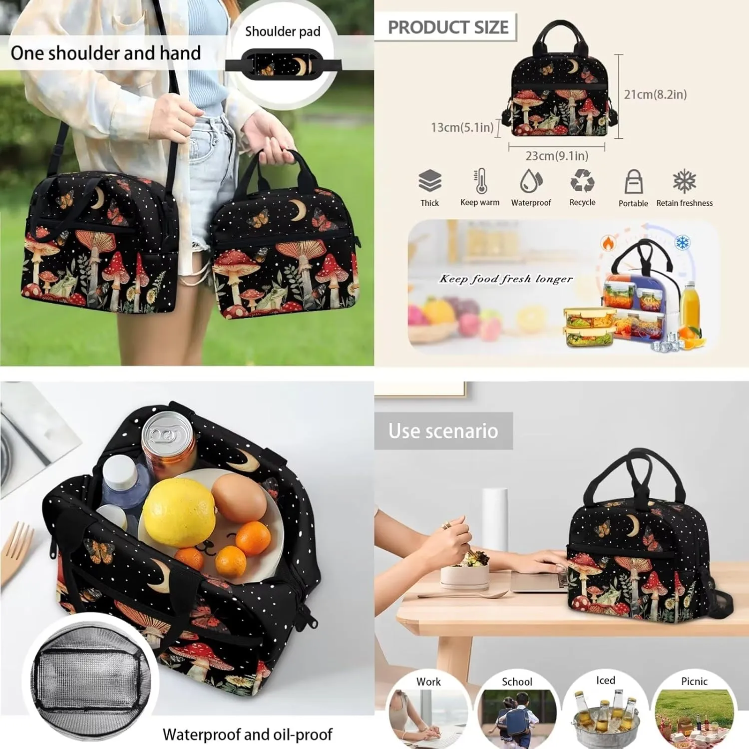 Butterfly Book Bag Set Mushroom Kids' Backpacks & Lunch Boxes Moon Book Bag for Girls Frog Kids Small Backpack for 7-12 Year Old Girls with Lunch Bag Pencil Bag