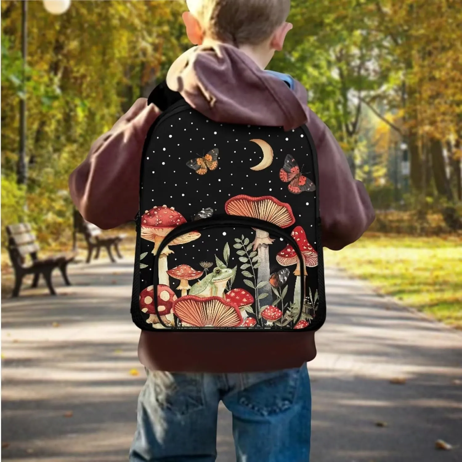 Butterfly Book Bag Set Mushroom Kids' Backpacks & Lunch Boxes Moon Book Bag for Girls Frog Kids Small Backpack for 7-12 Year Old Girls with Lunch Bag Pencil Bag