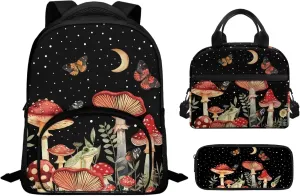 Butterfly Book Bag Set Mushroom Kids' Backpacks & Lunch Boxes Moon Book Bag for Girls Frog Kids Small Backpack for 7-12 Year Old Girls with Lunch Bag Pencil Bag