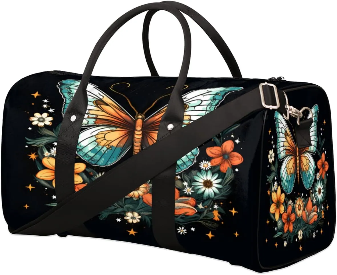 Butterfly Flower Floral Travel Duffel Bag, Galaxy Star Sports Gym Bag, Foldable Weekender Overnight Tote Bag Carry on Luggage Handbag for Yoga Workout