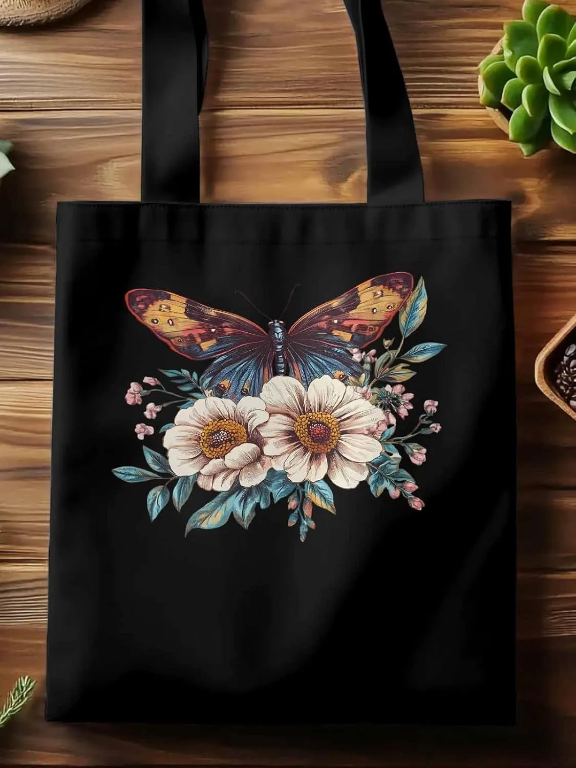Butterfly Retro Floral Flower Canvas Tote Bag, Aesthetic Canvas Tote Handbags for Women Shoulder Bag