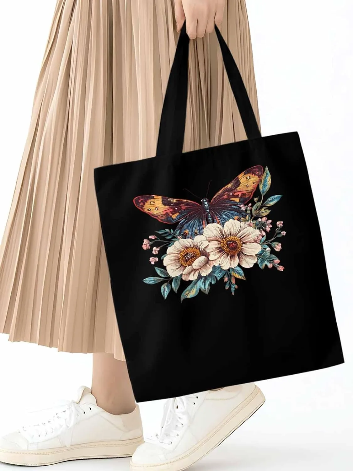 Butterfly Retro Floral Flower Canvas Tote Bag, Aesthetic Canvas Tote Handbags for Women Shoulder Bag