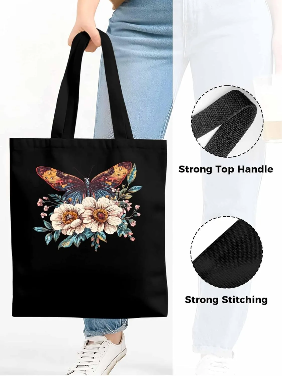 Butterfly Retro Floral Flower Canvas Tote Bag, Aesthetic Canvas Tote Handbags for Women Shoulder Bag
